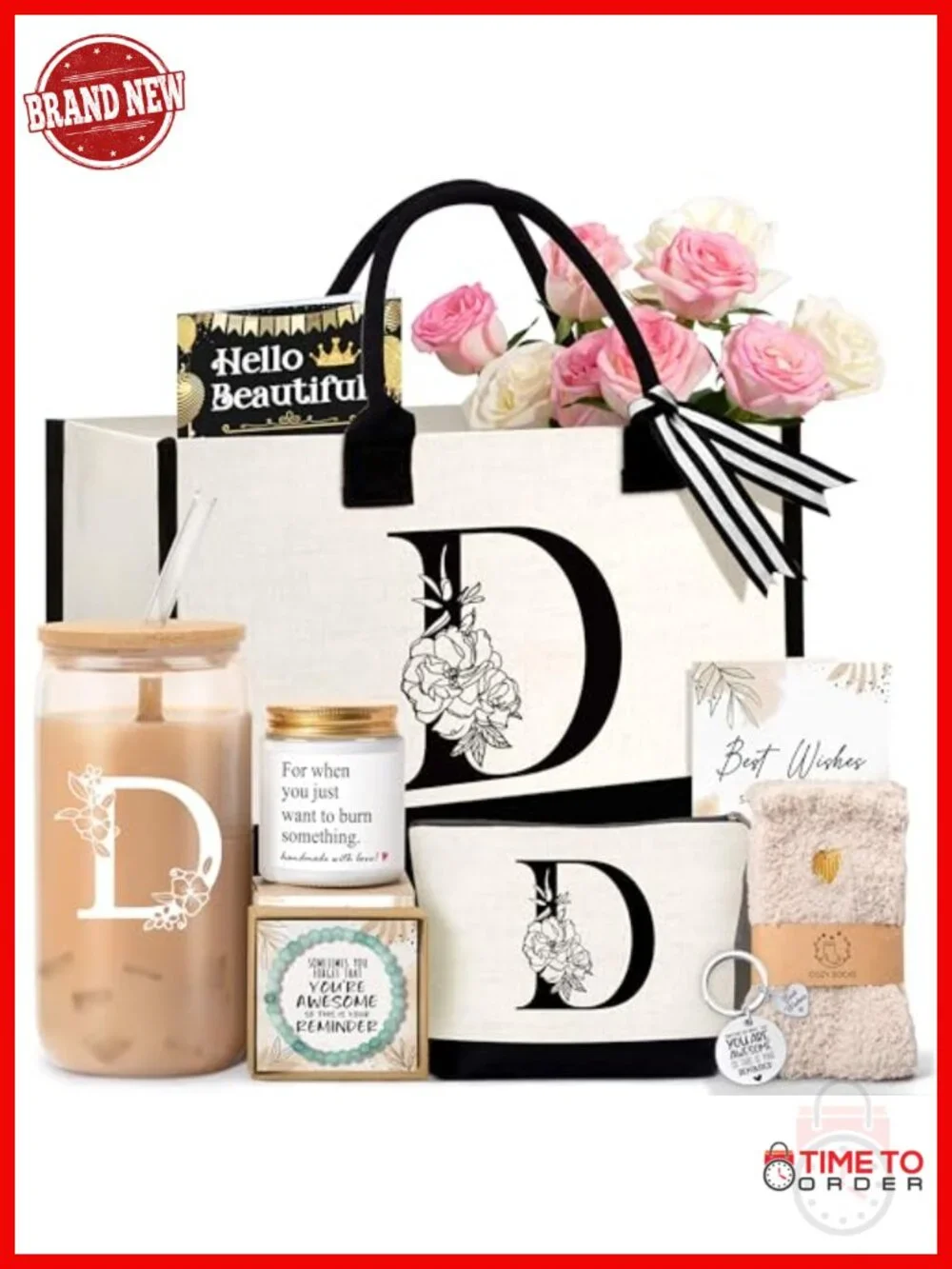 Initial Monogram Tote Bag Set - Canvas Gift Bundle with Cosmetic Bag & Cup